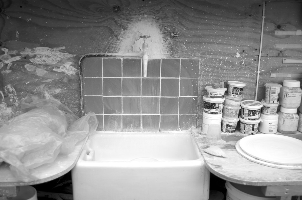 pottery studio showing workbenches and my sink