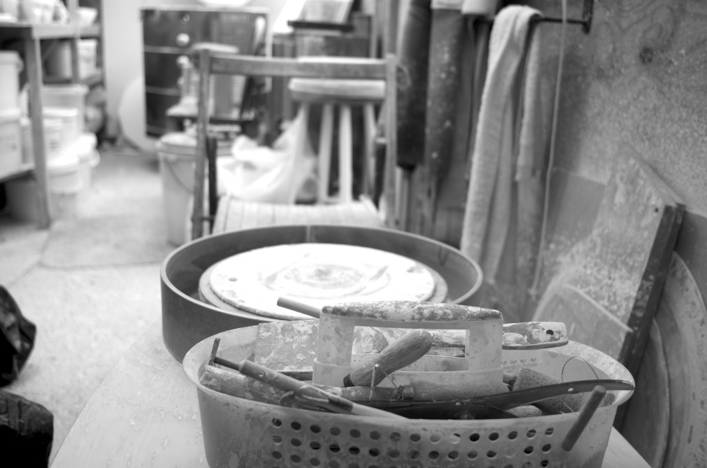 picture of my pottery studio showing tools and my wheel