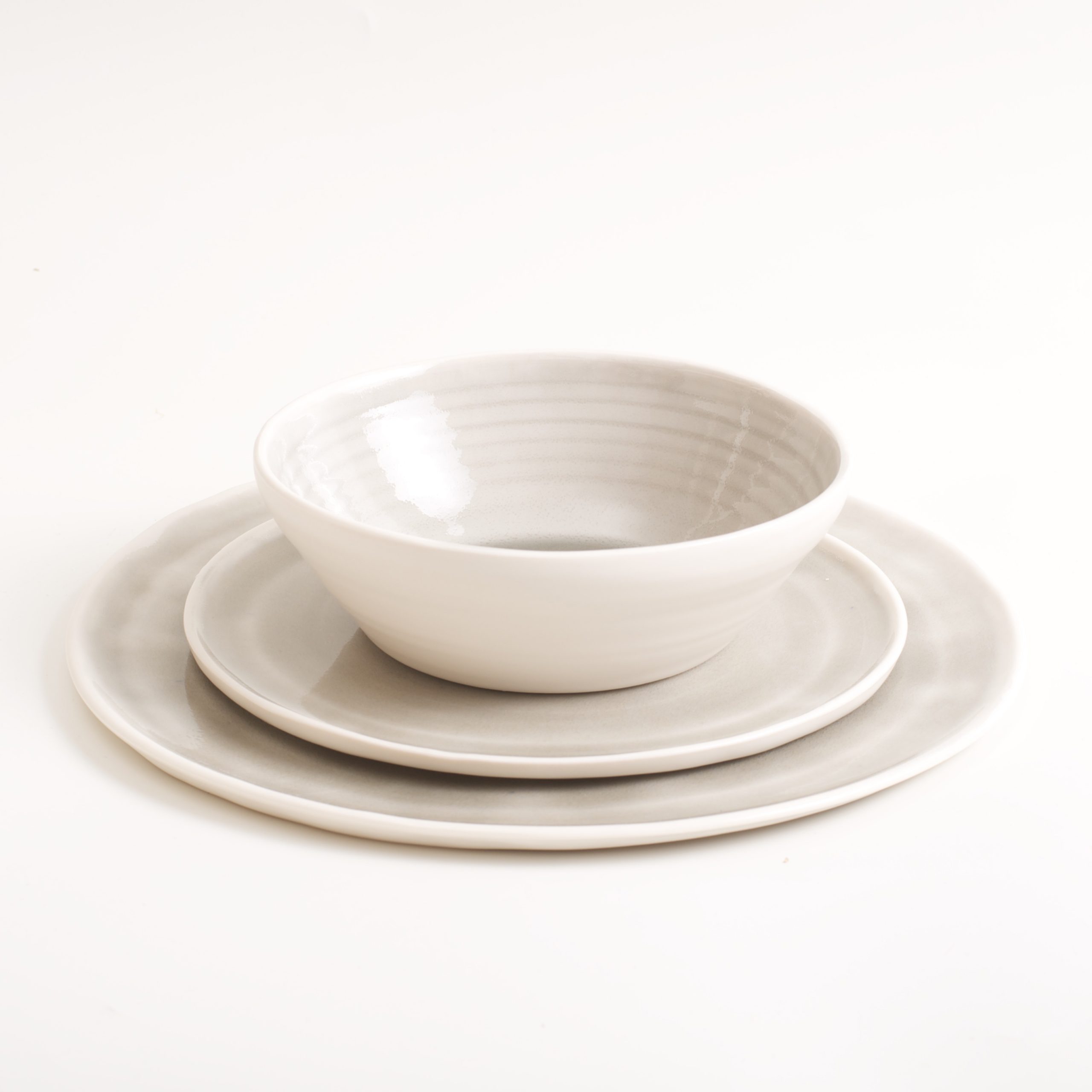 Grey dinnerware- tableware- place setting- porcelain- plates and mug- hand thrown by Linda Bloomfield