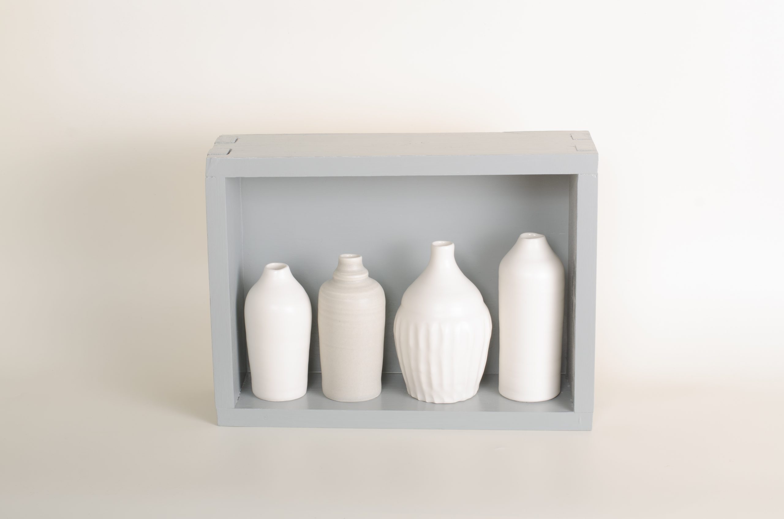 Hand thrown bottles, in white, grey and mustard, inspired by morandi paintings.