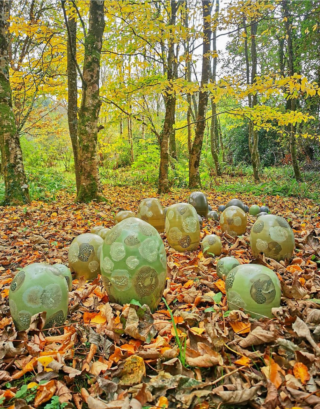 Lichen-effect ceramic forms in a woodland garden with autumn leaves